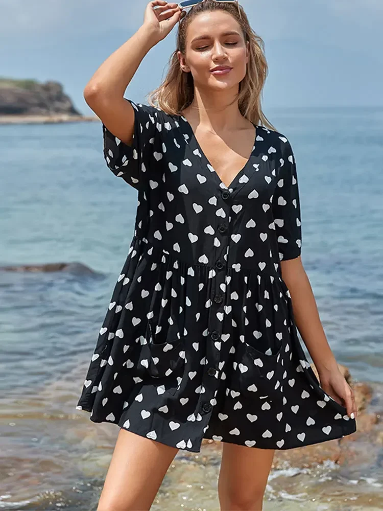 

2024 Bohemian Casual Summer Beach Dress White Tunic Summer Women Beach Wear Sexy V Neck Long Sleeve Mini Dresses Q771