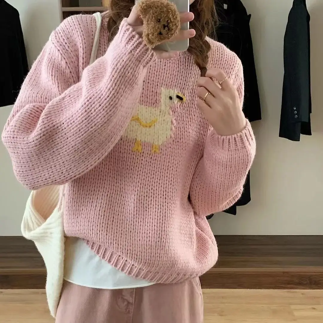 

Hsa Korean sweet and cute duck thick wool knitted tops for women in autumn and winter new style small short pullovers