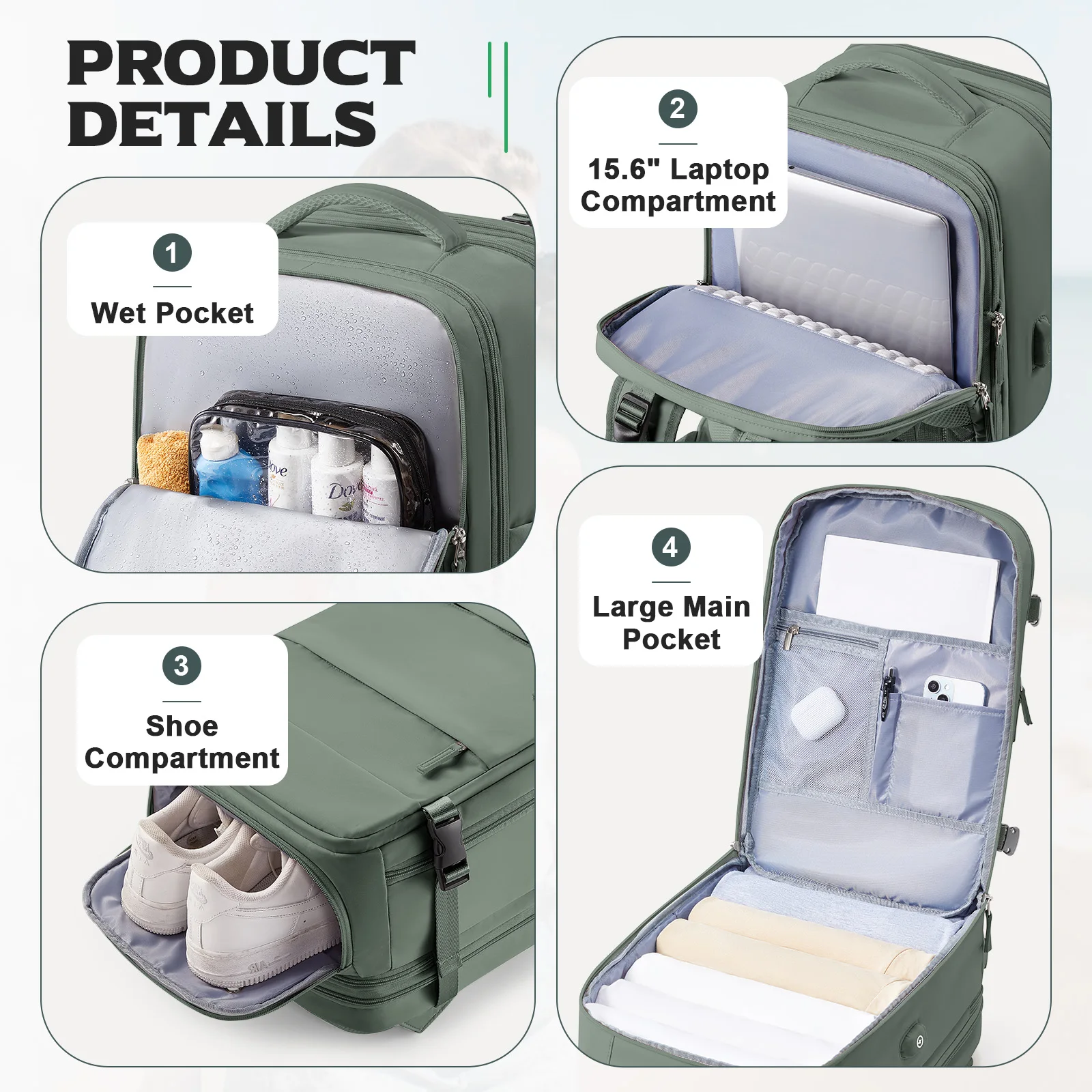 Expanded 46L Hiking Rucksack Cabin airplane 45x36x20 Travel backpack , Hand Luggage Travel Bag, Men Women's 17inch Notebook Bag