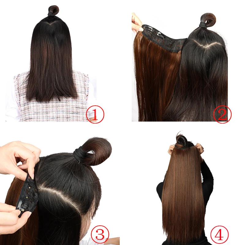 24Inch Synthetic Long Straight One Piece Hair Extension 4 Clips V-shaped Hairpiece for Women