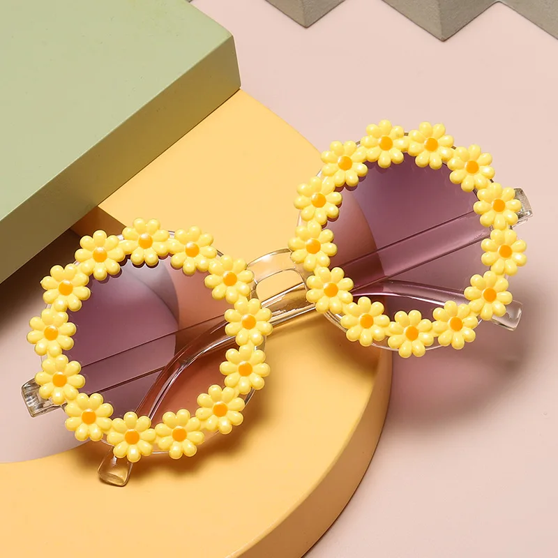 Ao ar livre margarida flor óculos de sol bonito uv400 suower redondo óculos de sol personalidade crianças óculos de sol gafas de sol_voghion.com