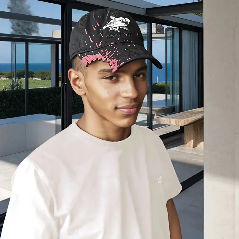 1pc Unisex Shark Embroidered Baseball Cap - Funky Style Black with Pink Accents, All-Season Comfort, Durable 야구 모자