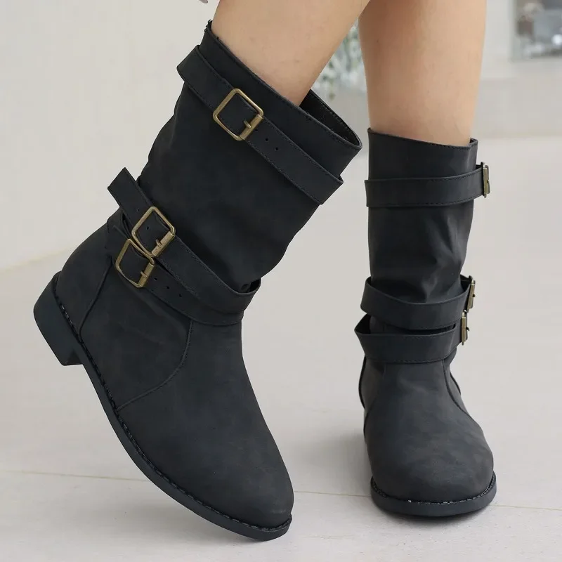 

Женские ботинки в римском стиле, однотонные ботинки с круглым носком, на низком каблуке, большие размеры, зимняя обувь, 2023