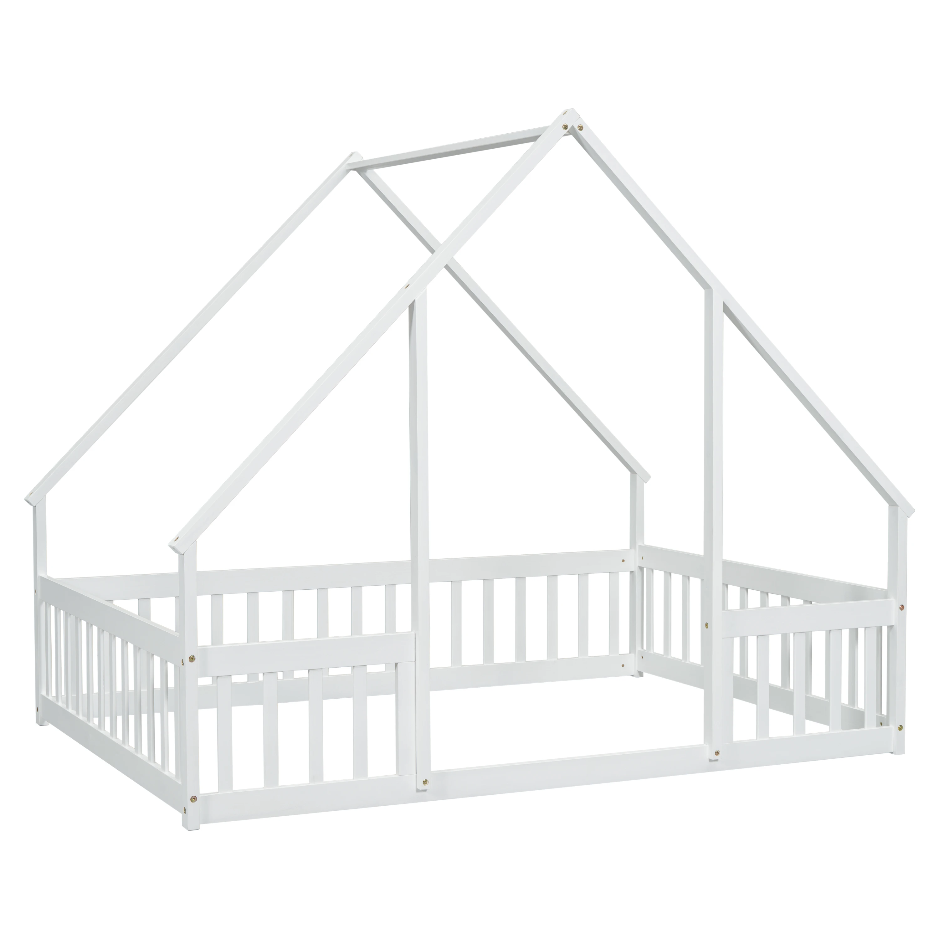 Twin Wood House-Shaped Floor Bed with Fence, Guardrails 6