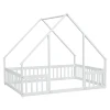 Twin Wood House-Shaped Floor Bed with Fence, Guardrails 6
