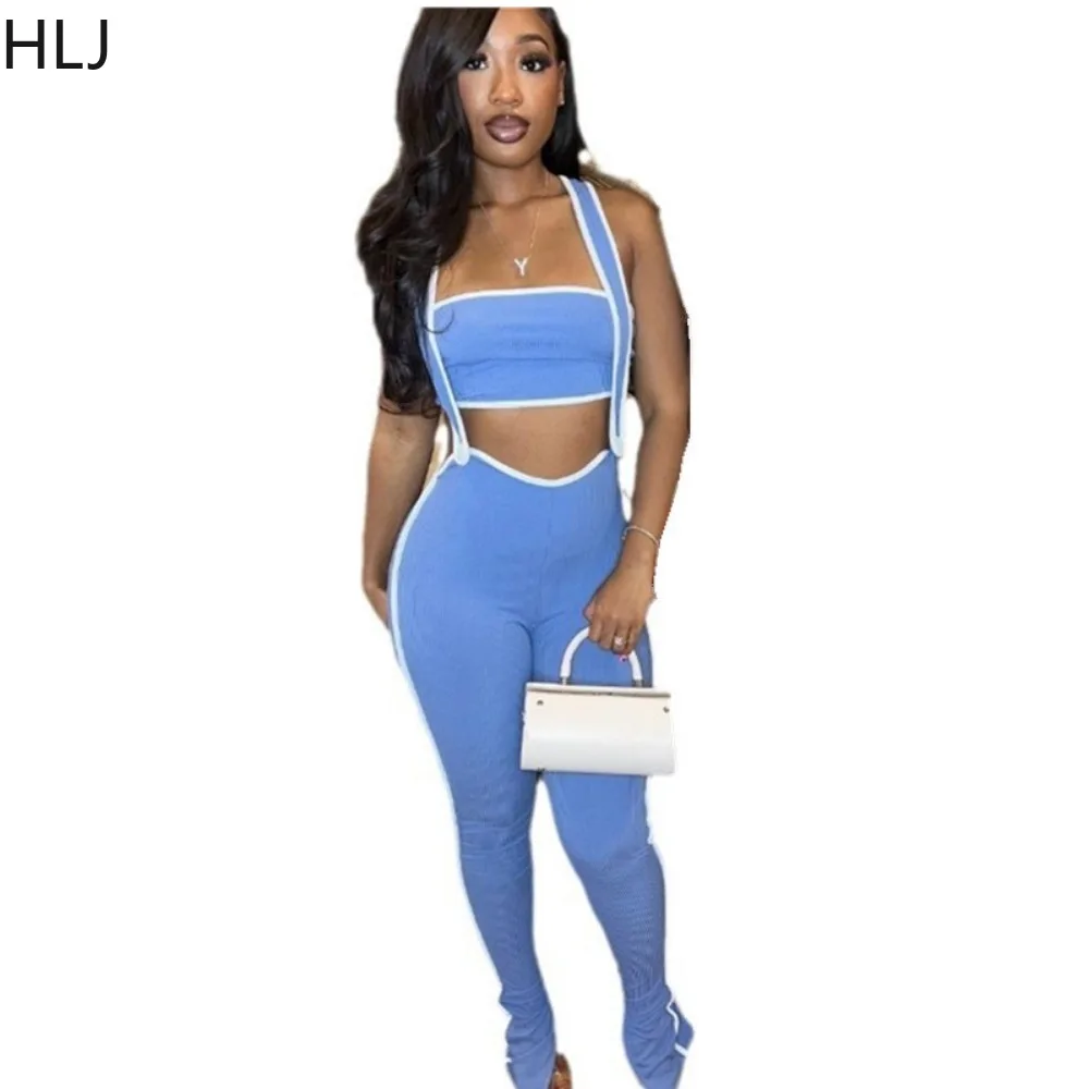 HLJ Fashion Solid Ribber Skinny Pants Two Piece Sets Women Sleeveless Backless Tube + Strap Pants Outfits Female 2pcs Streetwear