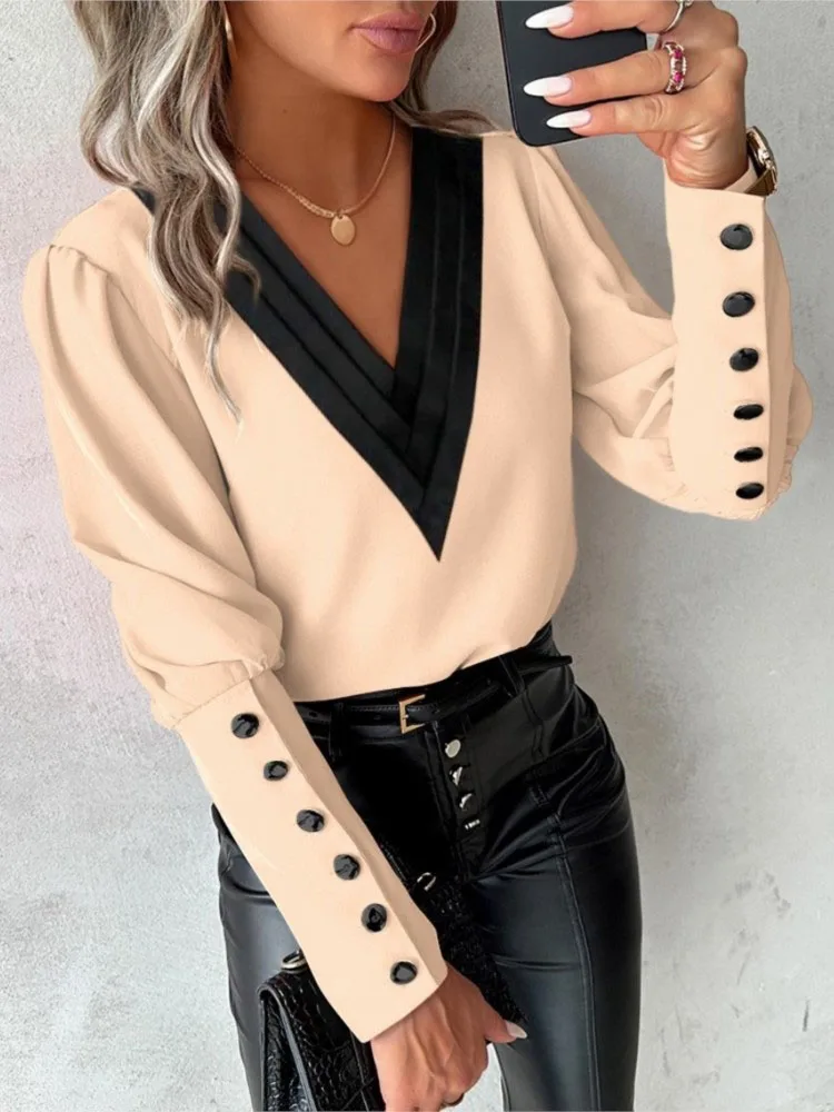 Fashion White Blouse Women 2024 Long Sleeve V Neck Casual Pullover Elegant Office Lady Pink Tops Shirts Femme