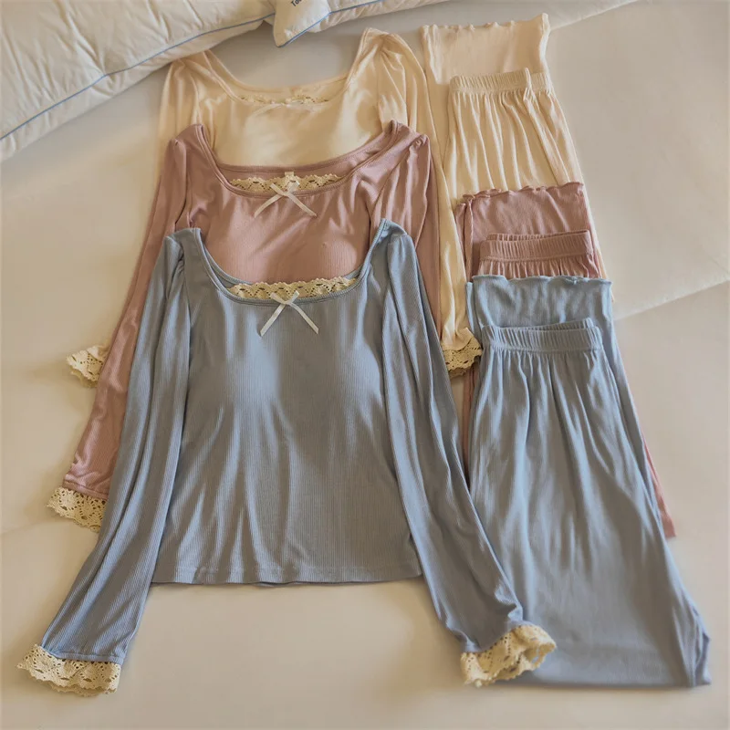 Pyjamas Set Frau Modal Komfort Nachtwäsche Langarm Damen Nacht Tragen Herbst Winter Hause Kleidung Brust Pad Pijama Weibliche – Detail 1