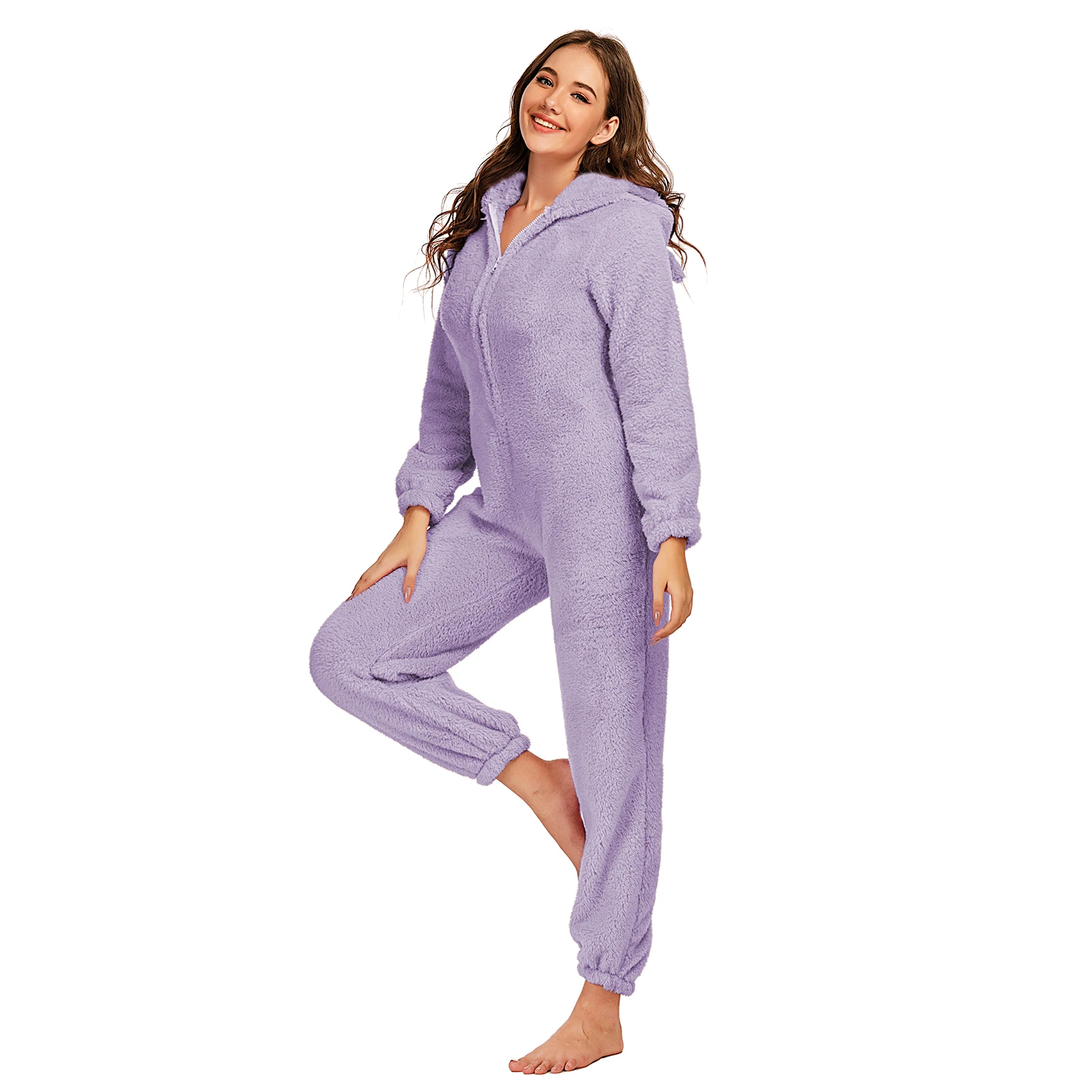 Flannel Pajamas Onesies Solid Color Fleece Parent-Child Suit Long Sleeve Family Pajamas Winter Warm Round Neck Zipper Hooded Home Wear