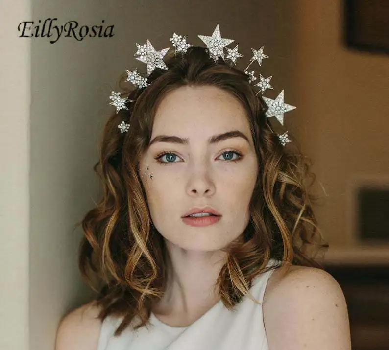 

EillyRosia Pentagram Double-row for Women Party Prom Hair Jewelry Stars RhinestonesTiara Headpiece Crown Photoshoot Maternity