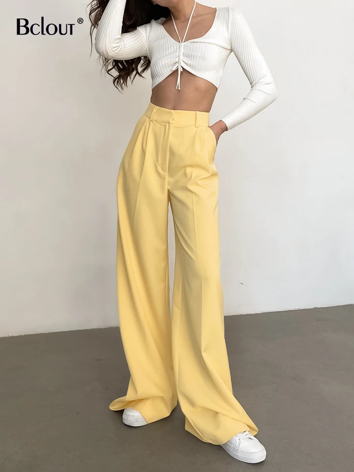 Bclout Fashion Yellow Pants Women 2023 Elegant Office Lady High Waist  Pleated Long Trousers Elegant Solid Wide Leg Pants Female