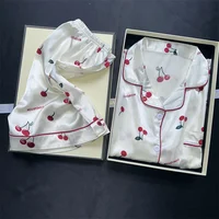 Cherry Print Silk Pajamas Set for Women Summer Short Sleeve Shirt and Shorts Two Pieces Sleepwear Homewear Nightwear - Image 4