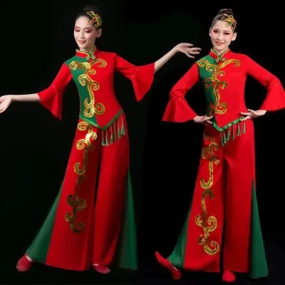 

Chinese Folk Dance Modern Classical Dance Costumes Ancient Traditional Oriental Hanfu Yangko Elegant Fan Umbrella Folk Dance