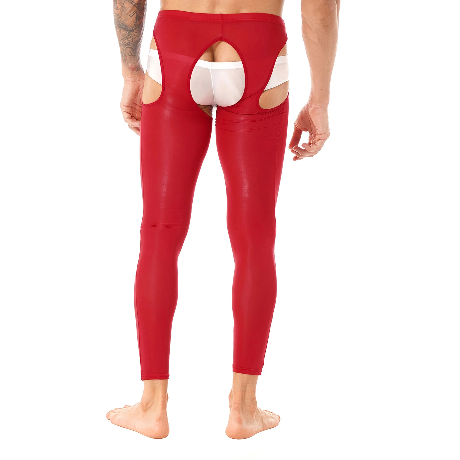 Sexy Mens Lingerie Open Crotch Skinny Pants Underwear Hollow Out Stretchy Crotchless Leggings Glossy Elastic Waistband Nightwear