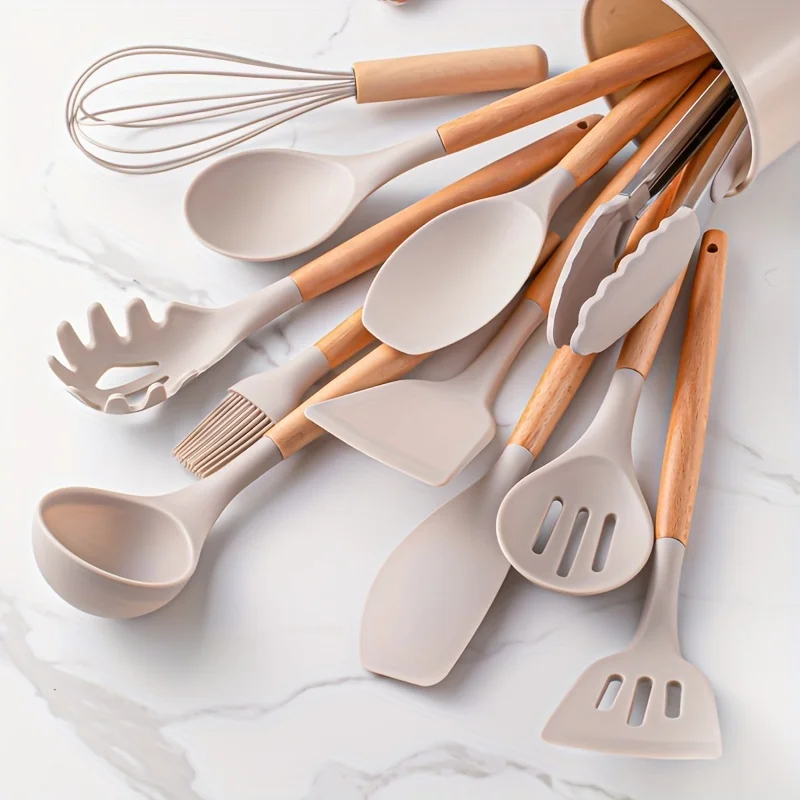 12pcs, Premium Silicone Kitchen Utensil Set with Wooden Handles-Non-Stick, Heat Resistant, and Easy to Clean Cooking Tools