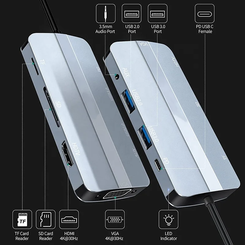 8 in 1 멀티포트 USB-C 허브 USB C 타입 C to 4K HD HDMI VGA USB 3.0 도킹 스테이션 허브 어댑터 (노트북용)