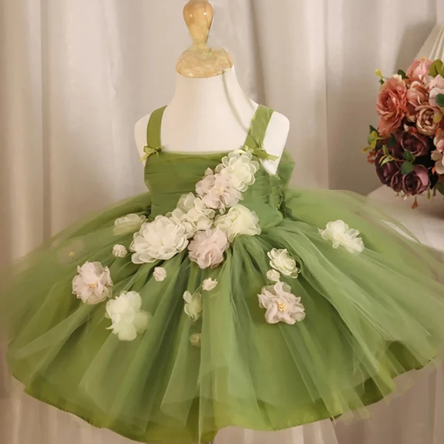 Summer Floral Green Wedding Party Dress For Flower Girls Baby Girl 1st Birthday Tutu Dresses Toddler Daily Holoday Clothes Wear 1