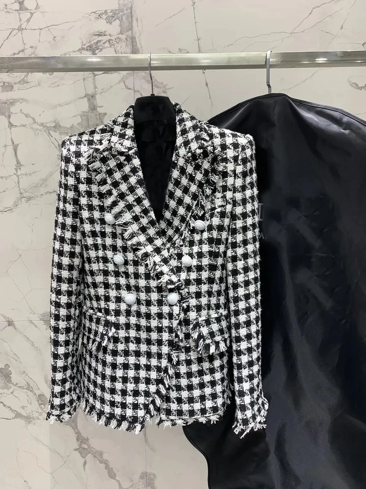 

2024SS весенне-осенняя роскошная женская шикарная Повседневная шерстяная клетчатая двубортная куртка, пальто для женщин