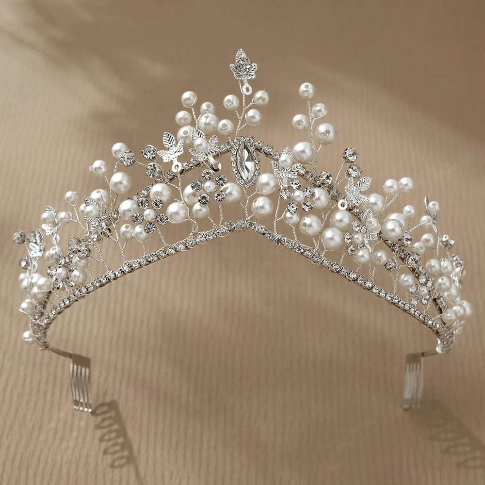 SLBRIDAL Handgefertigte Kristall-Strass-Perlen Blumen-Blatt Braut-Tiara Stirnband Hochzeitskrone Haaraccessoires Damen Mädchen Schmuck – Detail 10