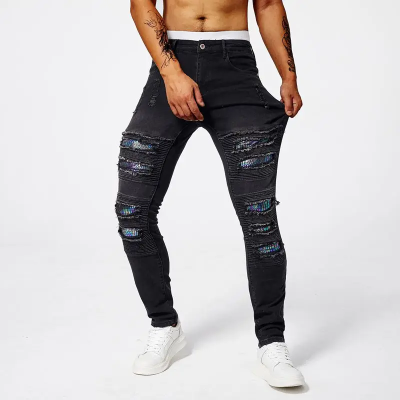 2024 New perforated patch men jeans designer elastic slim fit straight tube high quality casual elastic cotton bike denim pants