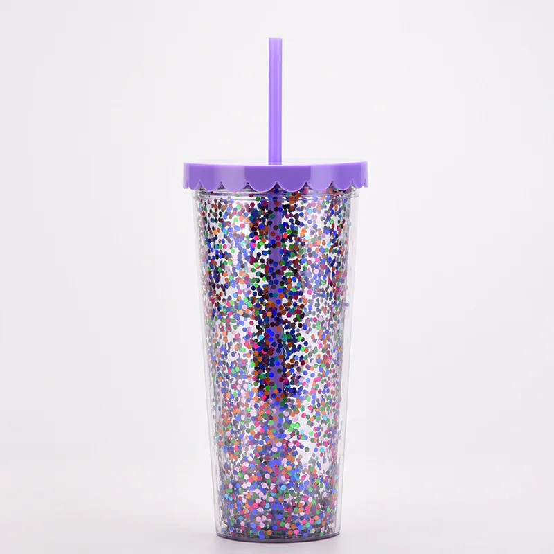 24OZ/710ml Water Cup With Straw Glitter Double Wall Wavy Edge Straight  Tumbler Juice Iced Coffee Cup Daily Use - AliExpress