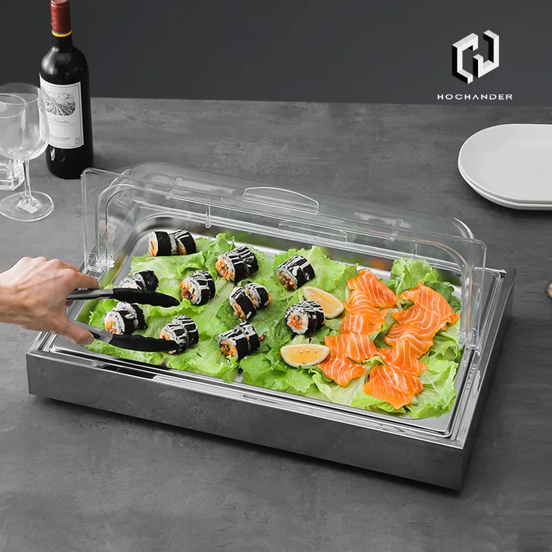 

Stainless steel iced seafood display table Western restaurant Japanese Raw meat sushi Salmon seafood cafeteria Cold ice table