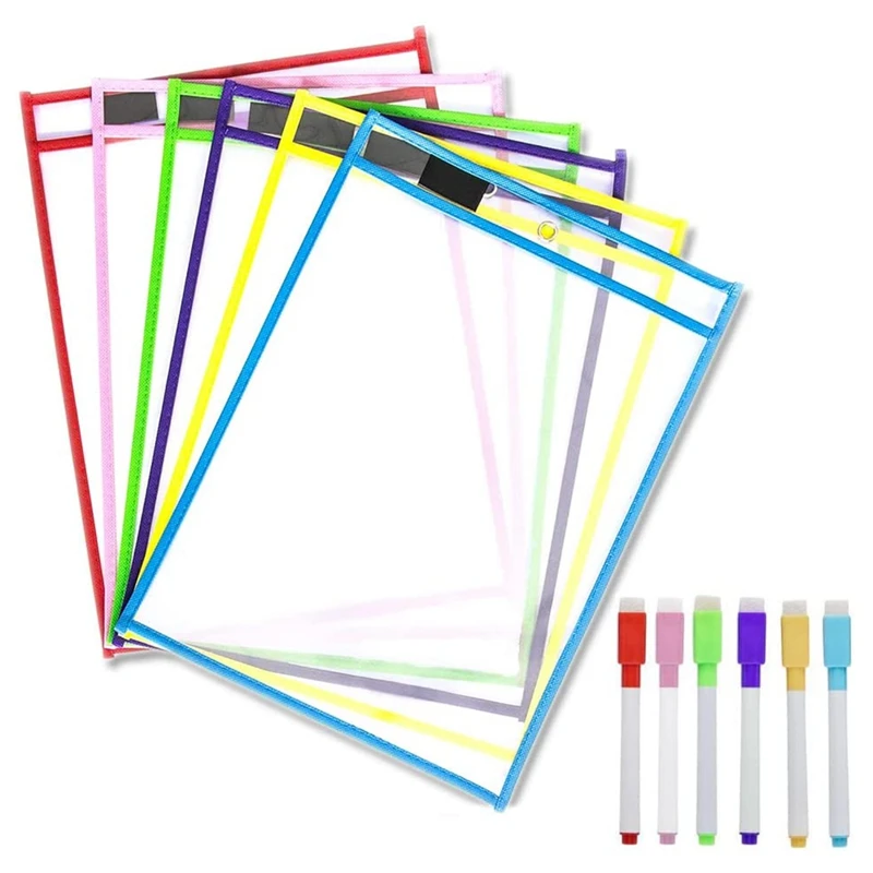 

Reusable Dry Erase Pockets, 6 Pack Reusable Dry Erase Sleeves, Assorted Colors Sheet Protector, Dry Erase Pocket Sleeves