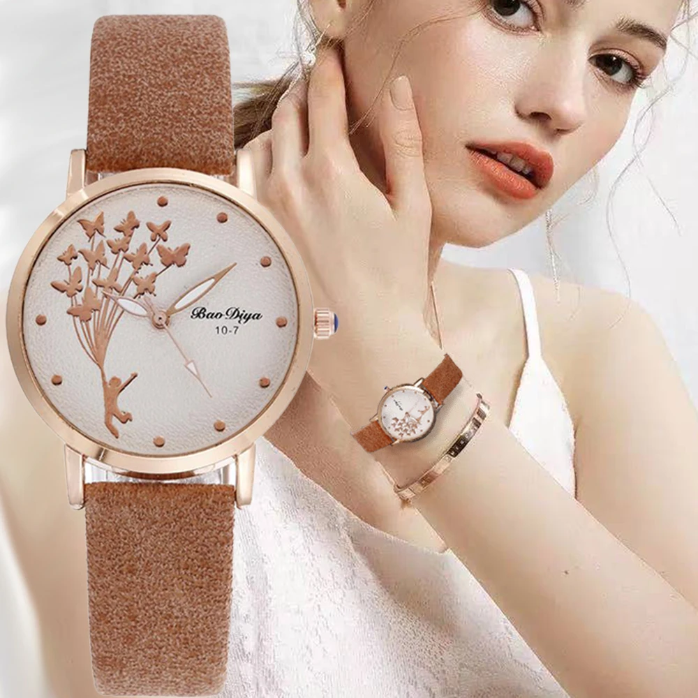 

New Butterfly Women Watches Simple Brown Quartz Watch Vintage Leather Ladies Wristwatches Drop Shipping Clock Relógio Feminino