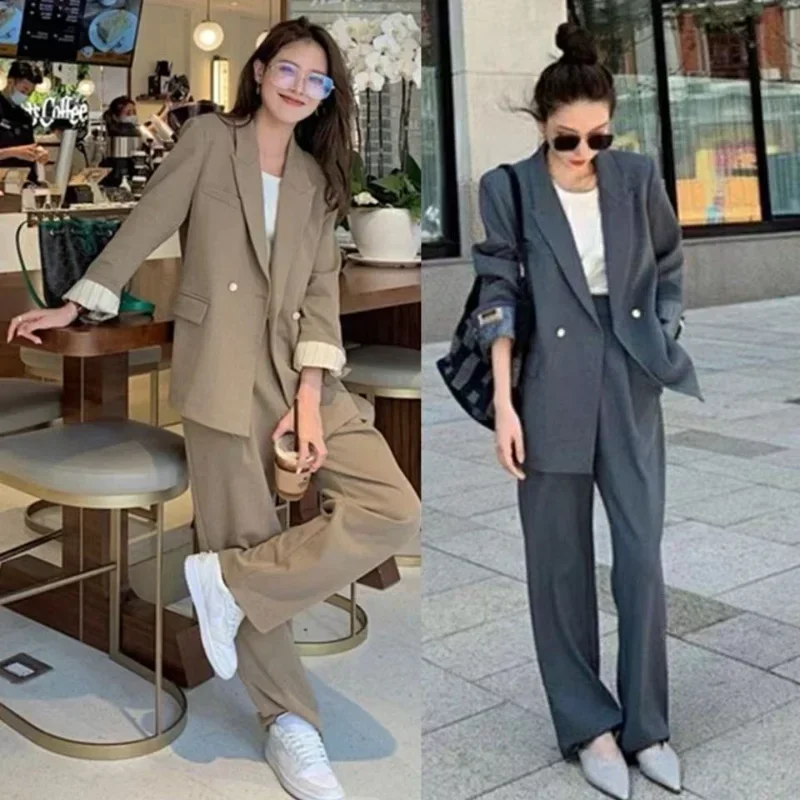 

Insozkdg Women Khaki Blazer Long Pant Two Pieces Sets Spring Autumn Suit for Female Elegant Working Sets Korean Sets Formal Wear