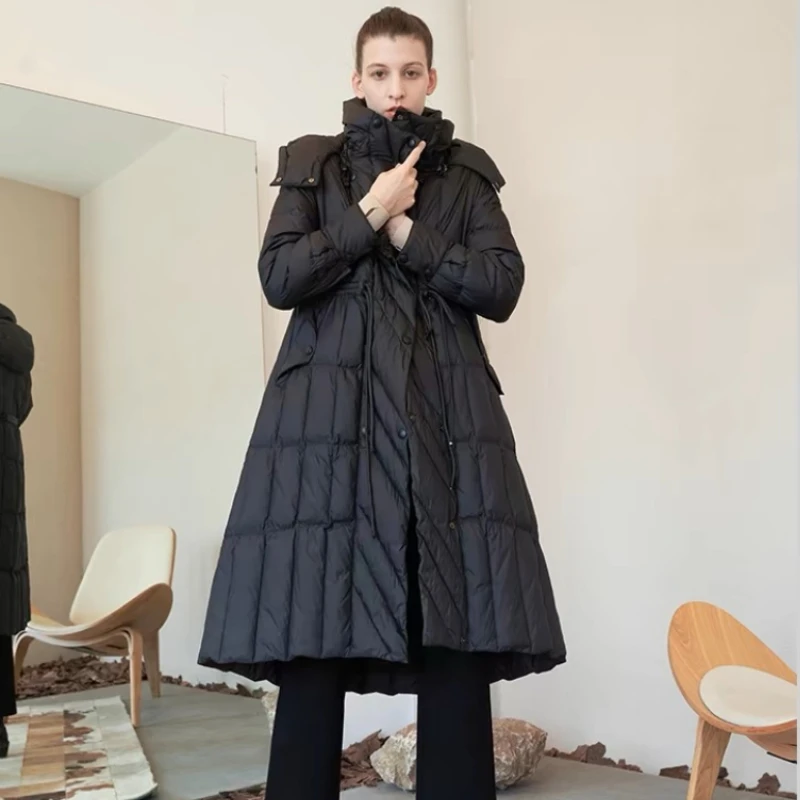 thumbnail image 1 of Chaqueta de invierno para mujer, abrigos largos de plumas, cordón, cintura estrecha, bolsillos, prendas de vestir exteriores, resistente al viento, chaqueta de plumas gruesa con capucha para mujer, 1 of 5