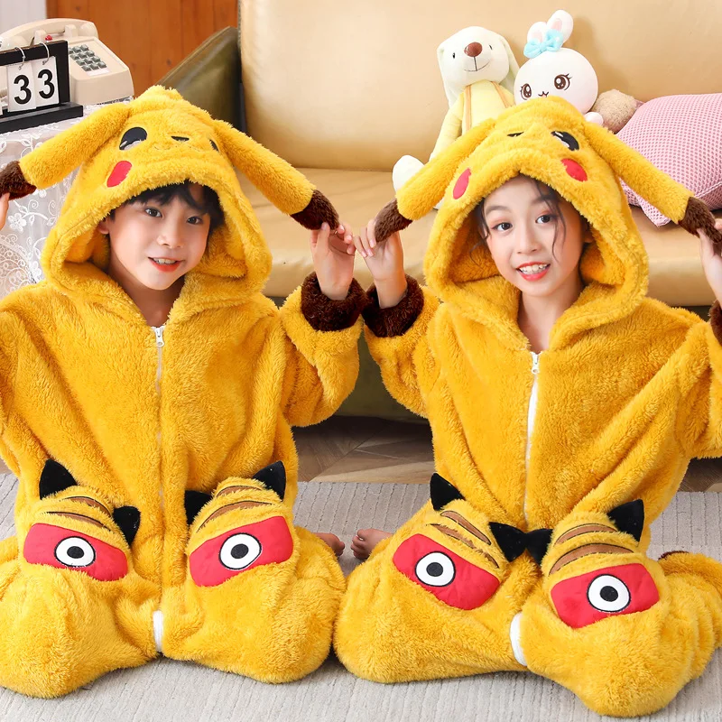 Pikachu Long Sleeve Hooded Children's Bathrobe Cartoon Print Kids Robe Lovely Animal Boys Bath