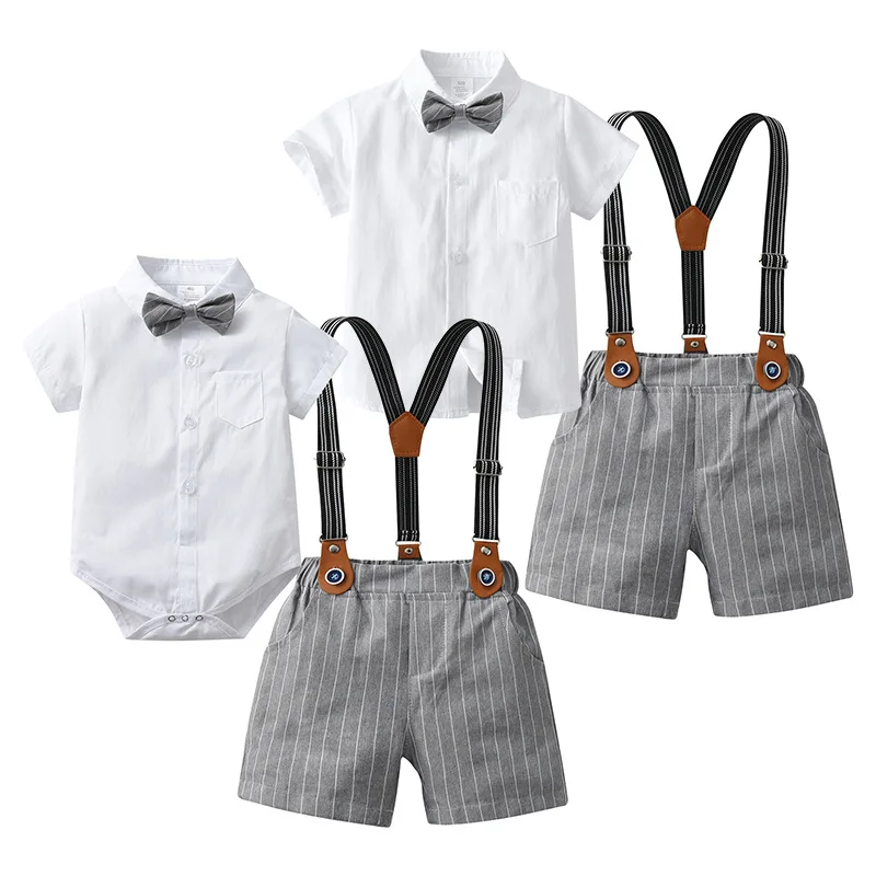 

Baby Boys Gentleman Outfits Bow Tie Short Sleeve Stripe Shirt Elastic Waist Suspender Shorts Overalls Two Piece Set