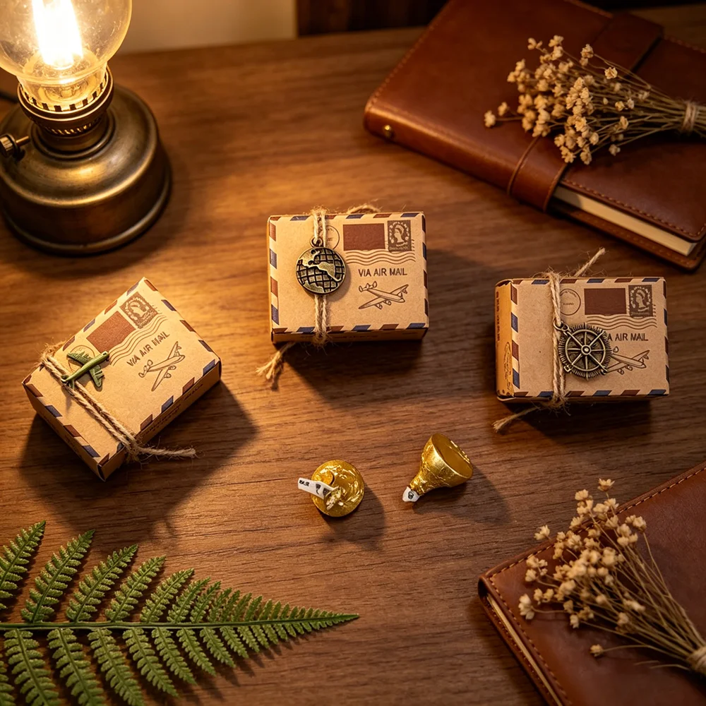 25 Stück Event-Souvenirs-Boxen, Kraftpapier, Reisethema, Luftpost, Hochzeitsbevorzugung, Geschenkbox, Süßigkeiten-Packung, festliche Partyzubehör, caja de regalo