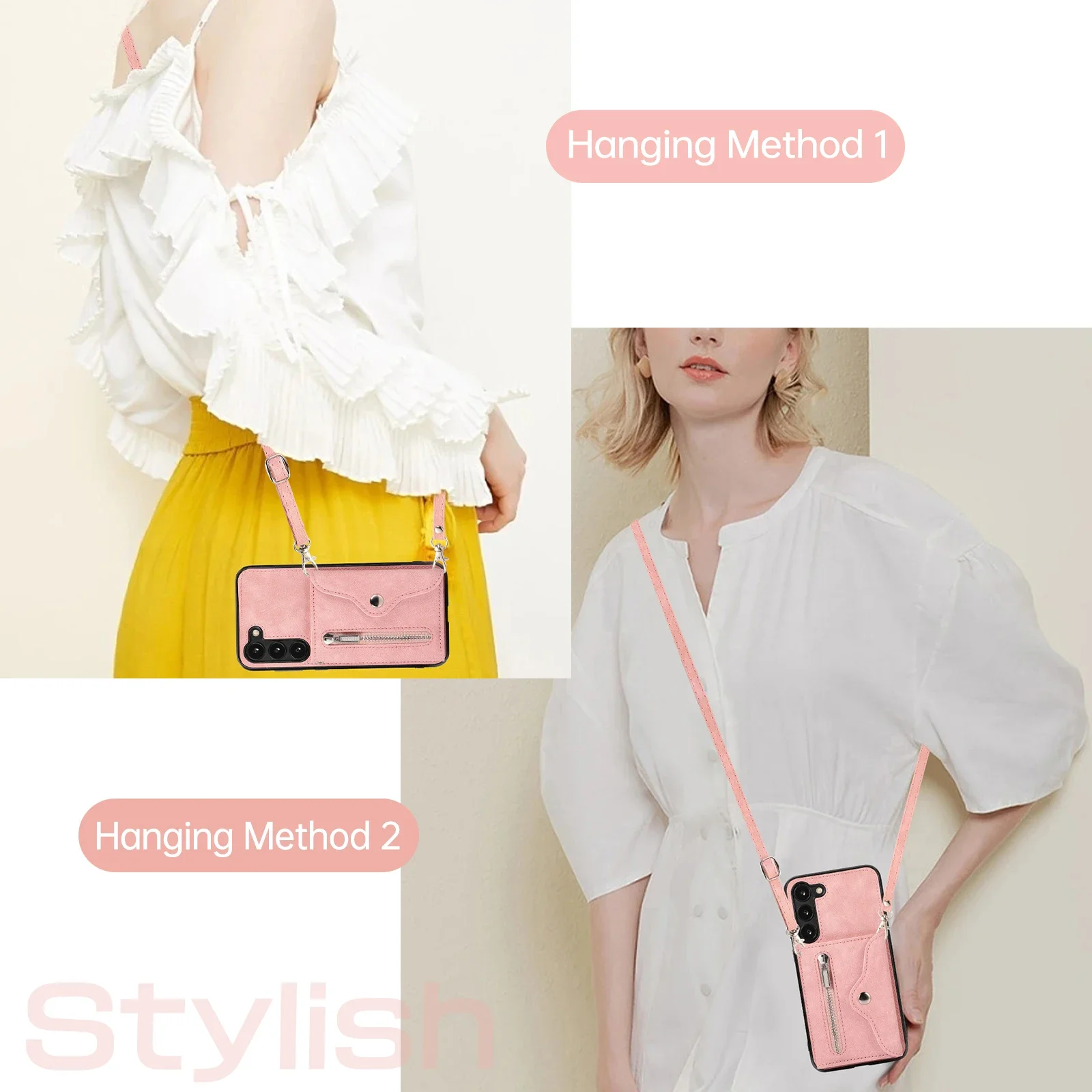 Elegant Crossbody Leather Zipper Wallet with Card Slots and Long Lanyard