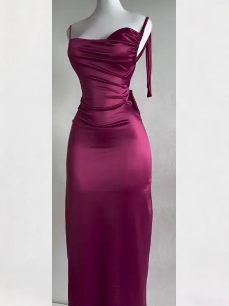 New Summer Women's Tube Top Suspender Rose Red Dress Elegant Satin Suspender Dress Fashion Backless Bow Waist Slim Evening Dress