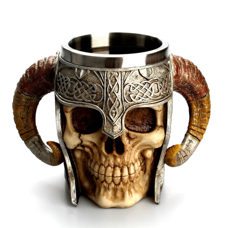 

Double Handle Large Sheep's Horn Mugs Creative Skull Cup 304 Stainless Steel Resin Beer Mug Home Decoration Accessories Gifts