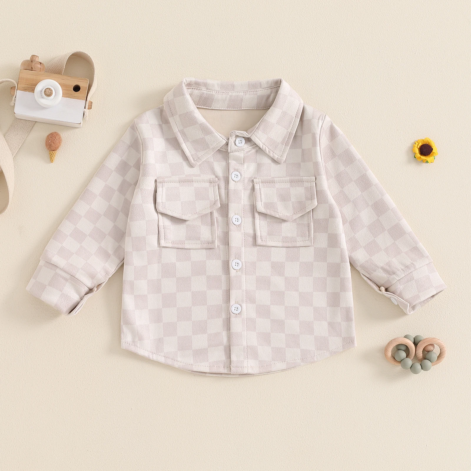 Children Baby Boy Lapel Neck Checkerboard Shirt Toddler Long Sleeve Button Down Shirt with Pockets Toddler Casual Loose Jacket