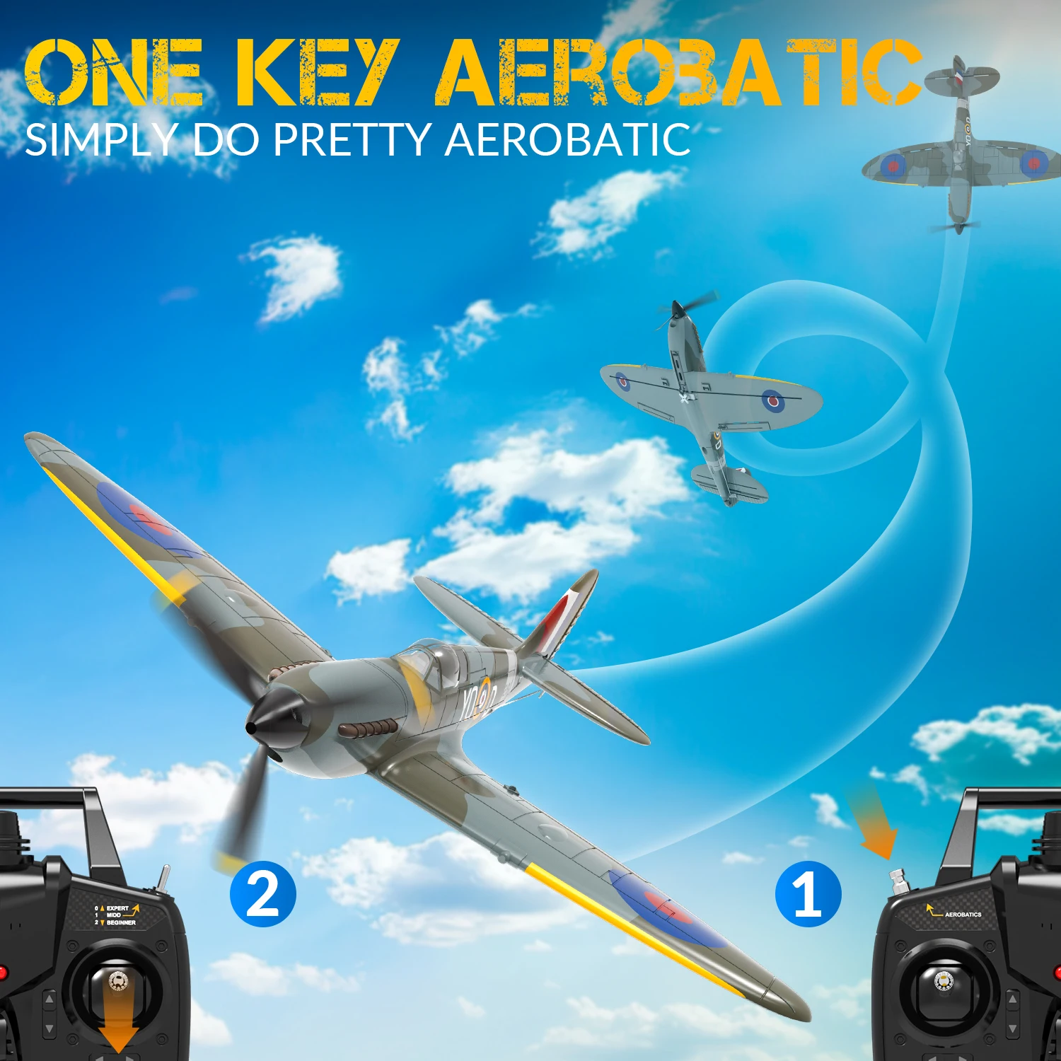 Avion RC Spitfire V1 ou V2 PNP sur fond blanc, vue de dessus montrant la forme élancée des ailes, 72.99€ livraison rapide