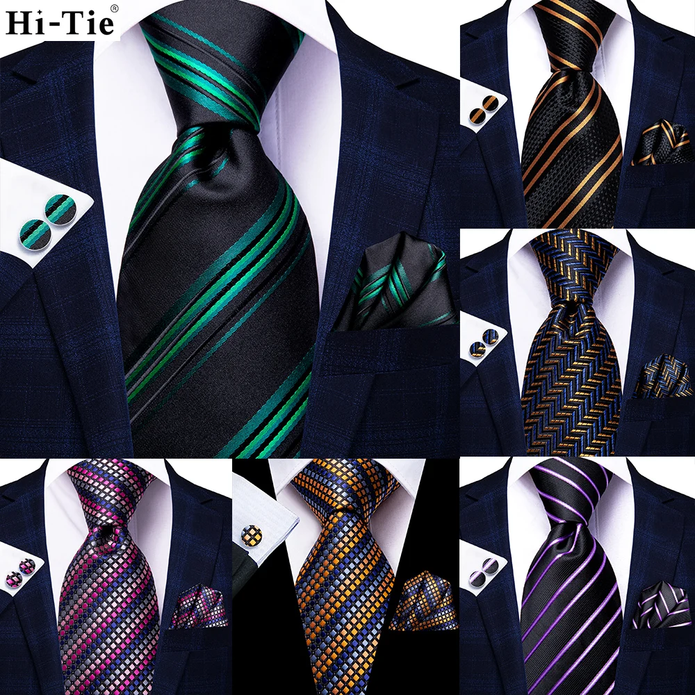 

Hi-Tie Green Black Gold Striped Paisley Silk Wedding Nicktie For Men Hanky Cufflink Gift Men Tie Set Business Party Dropshipping