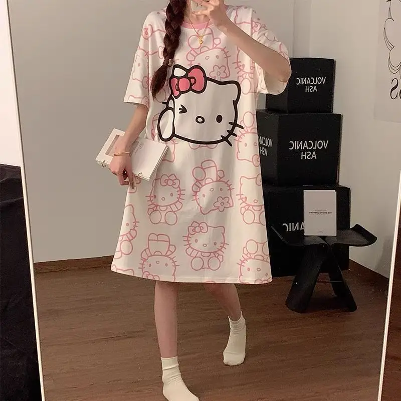 

Ночная рубашка Hello Kitty из чистого хлопка, летняя ночная рубашка с коротким рукавом из аниме-мультфильма Sanrio, домашняя одежда для студентов, пижама в подарок