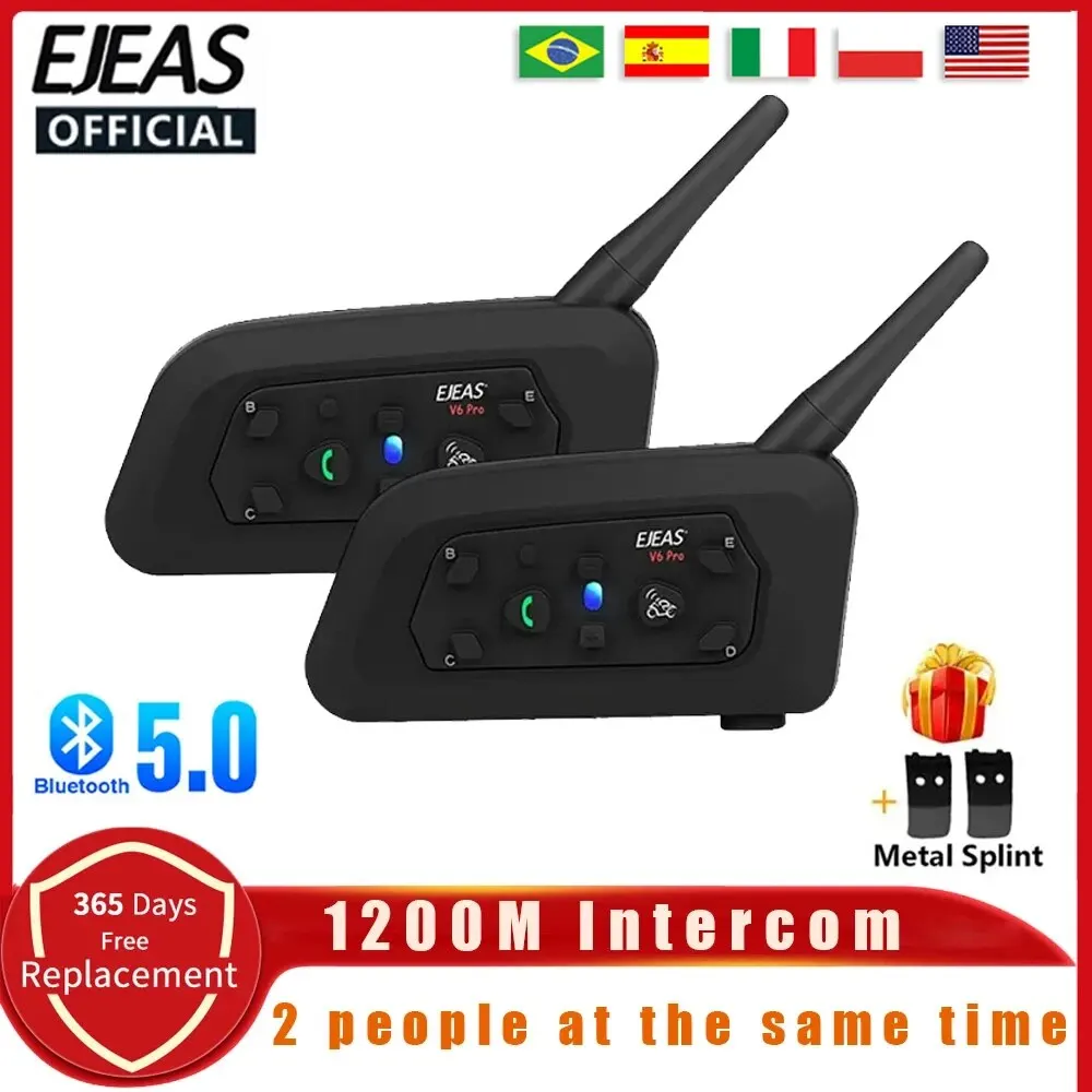 Ejeas V6 Pro Casco Moto Auricolare Bluetooth Interfono Comunicatore 1200M Interfono Per 6 Riders Ip65 Musica Impermeabile