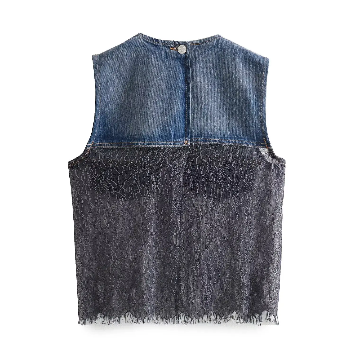 Women's 2024 New Fashion Temperament Joker Denim Fabric Lace Translucent O-neck Vest Retro Sleeveless Chic Top