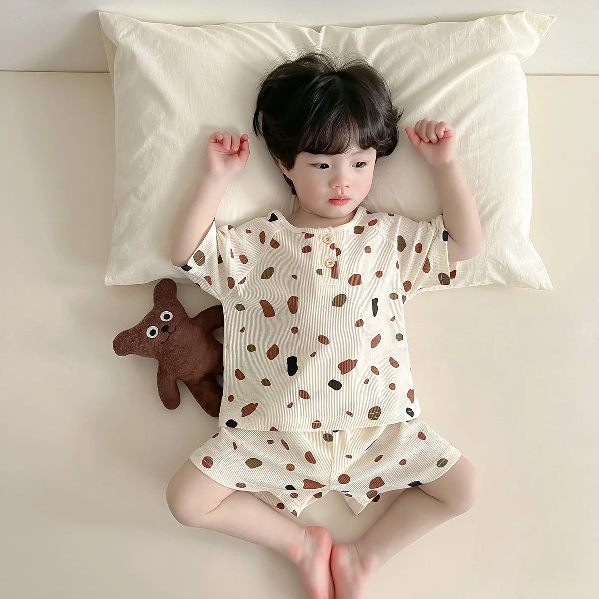 

Children Summer Pajamas Set Thin Pullover Print T-shirt Casual Lemon Tops Comfortable Soft Cotton Shorts Kid Unisex Homewear Set
