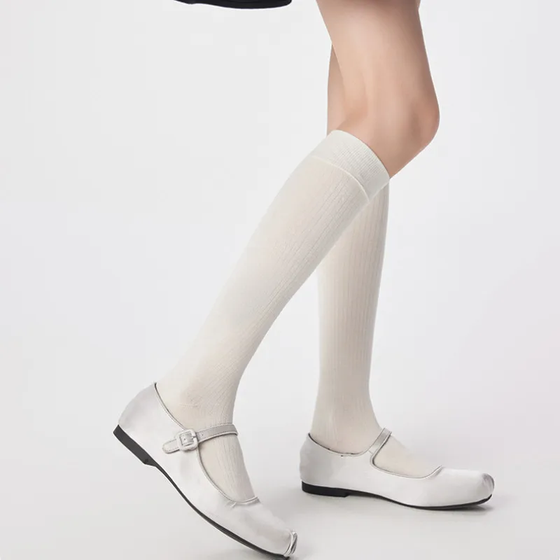 Autumn New Woolen Striped Long Knee High Socks Korean White Red Boneless Calf Socks Women Solid High Tube Slimming Stacked