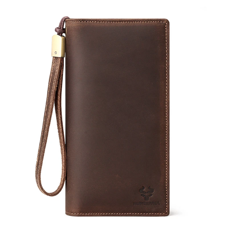 New style large capacity top layer cowhide wallet, men's drawstring mobile phone bag, long leather men's handbag