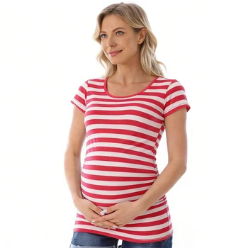 Summer Striped Maternity T-shirt Big Size Women Pregnancy Tops Casual Loose Breathable Comfortable Pregnant Lady Tee