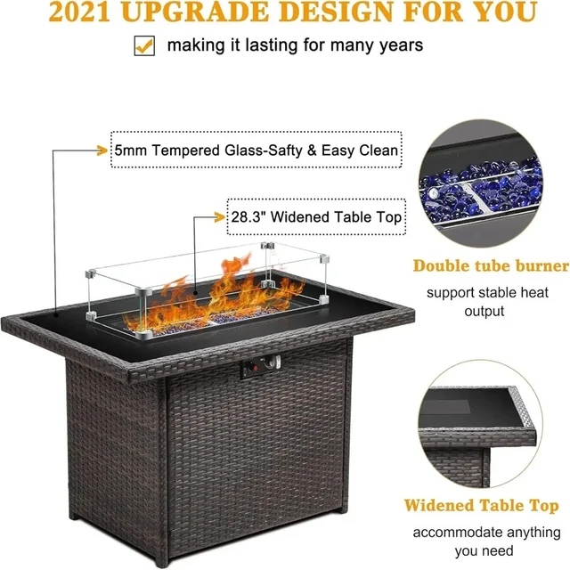 44" Propane Fire Pit Table 55000 BTU Rectangular Design with Glass Wind Guard for Outdoor Patio, Deck, Backyard 2