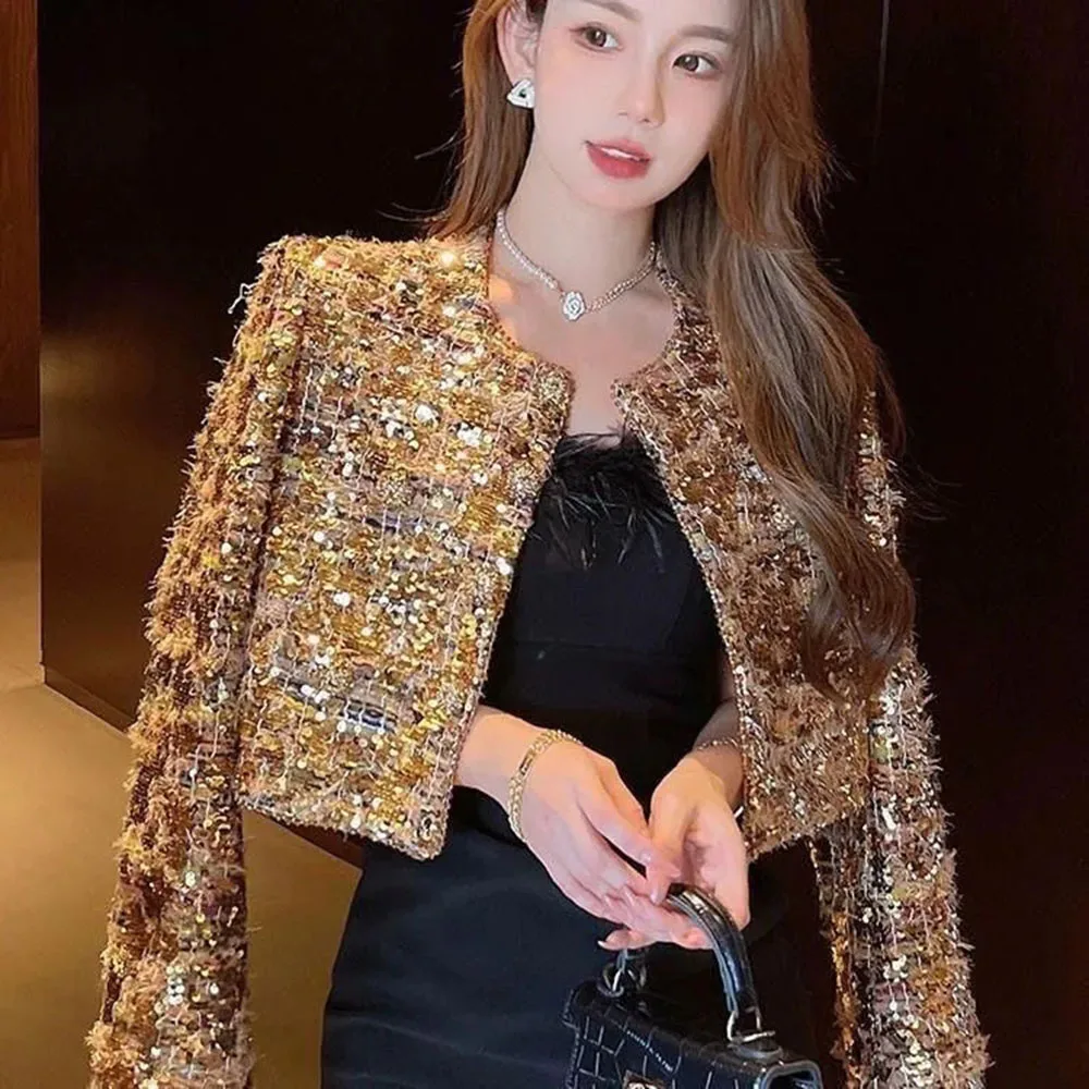 여성용 스팽글 트위드 코트, 반짝이는 우아한 재킷, 한국 짧은 카디건 아우터, 패션 가을, 2024 신상 인기 