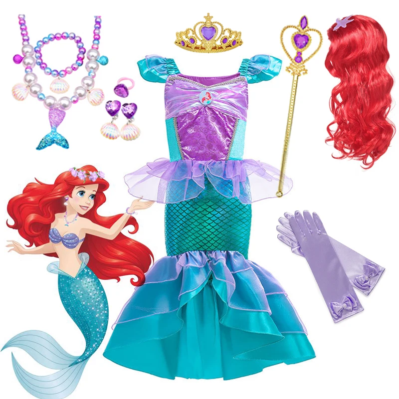 thumbnail image 2 of Disney vestido de princesa sirenita para niña, traje de lujo con estampado de encaje y volantes para Halloween, Carnaval, cumpleaños, Cosplay, Ariel, 2 of 5
