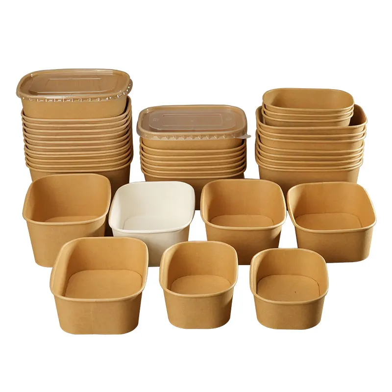 25pcs/set Disposable Lunch Box Kraft Paper Square Lunch Box Fast Food Packing Boxes Paper Bowls With Lid Household Bento Boxes